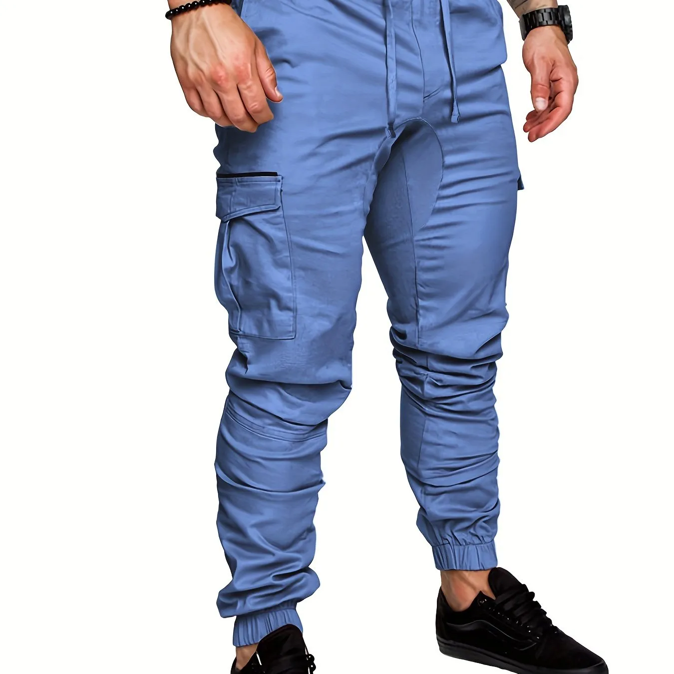 Mens Comfortable Woven Joggers with Flap Pockets - Stylish Cargo Pants for All-Season Outdoor Adventures - Adjustable Drawstring Waist