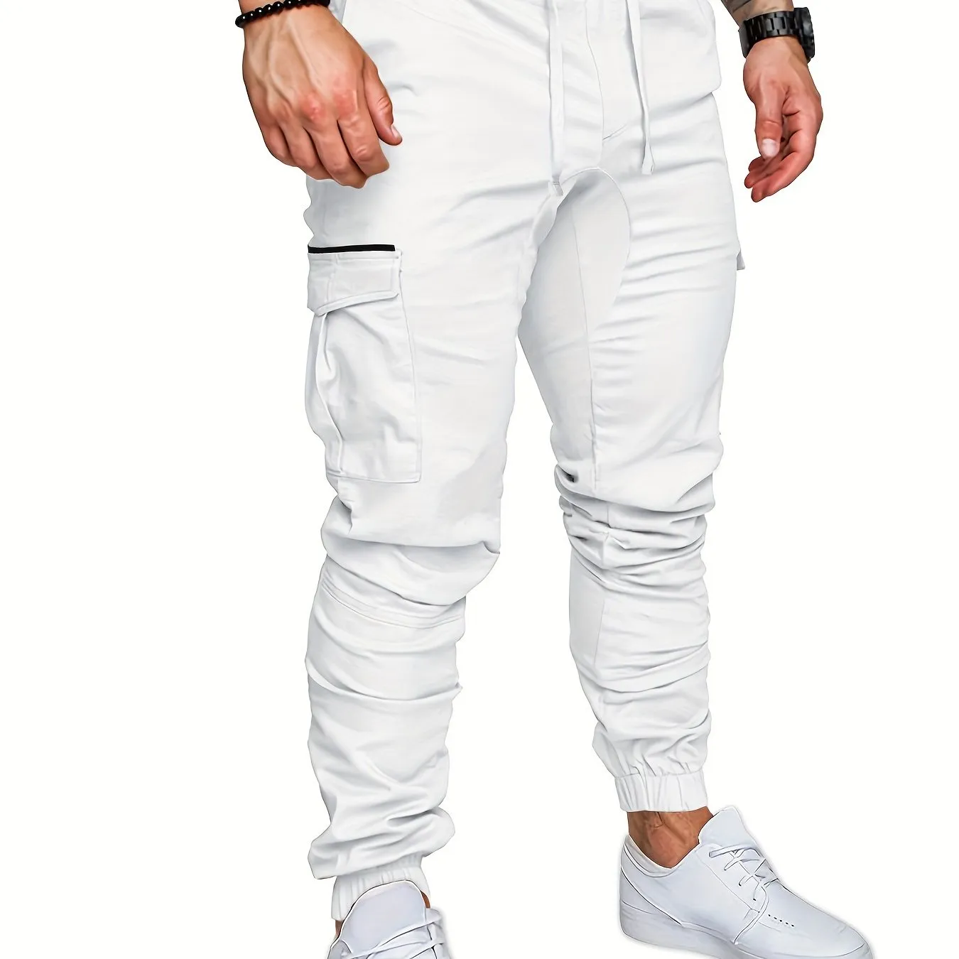 Mens Comfortable Woven Joggers with Flap Pockets - Stylish Cargo Pants for All-Season Outdoor Adventures - Adjustable Drawstring Waist