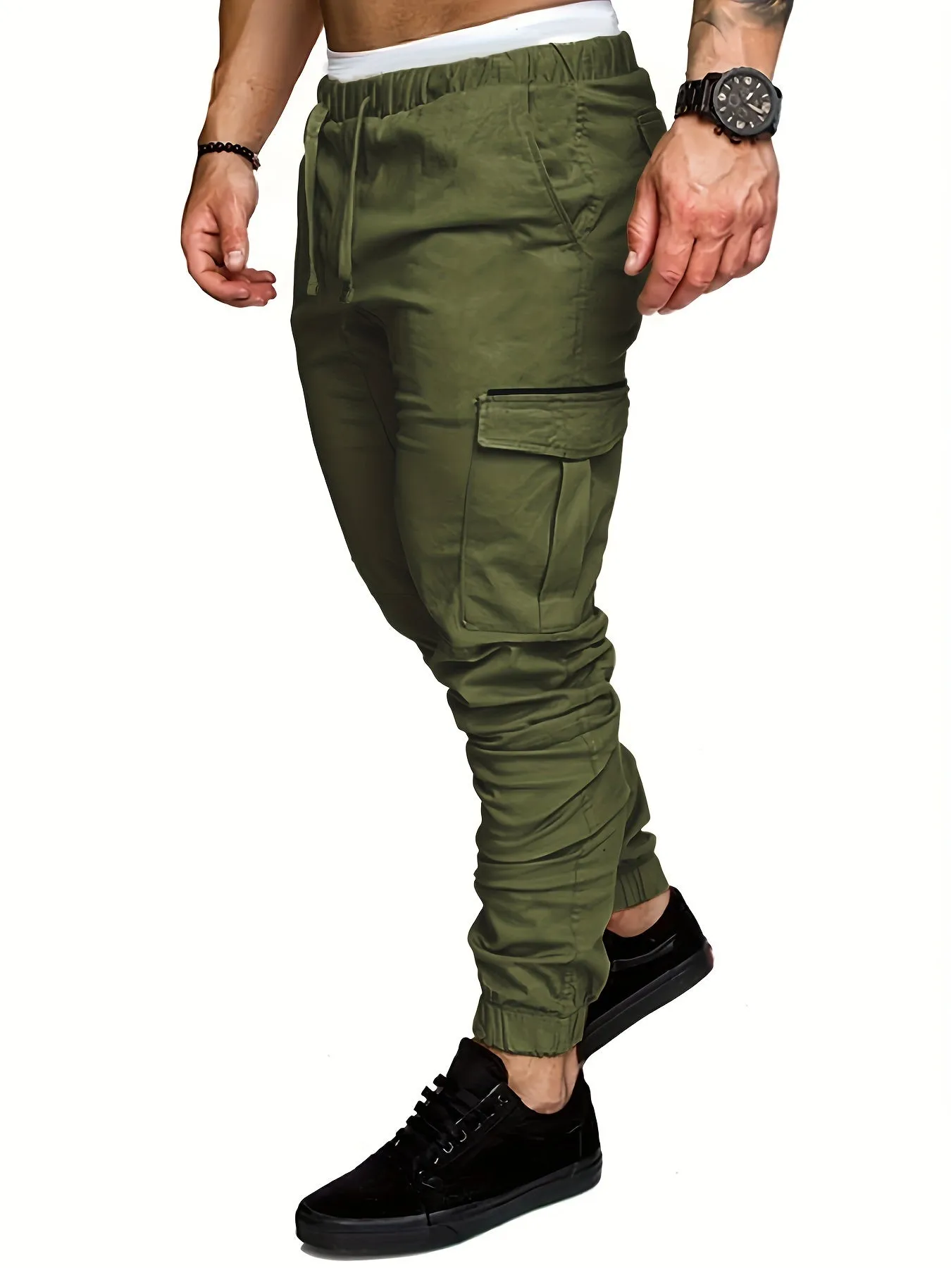 Mens Comfortable Woven Joggers with Flap Pockets - Stylish Cargo Pants for All-Season Outdoor Adventures - Adjustable Drawstring Waist