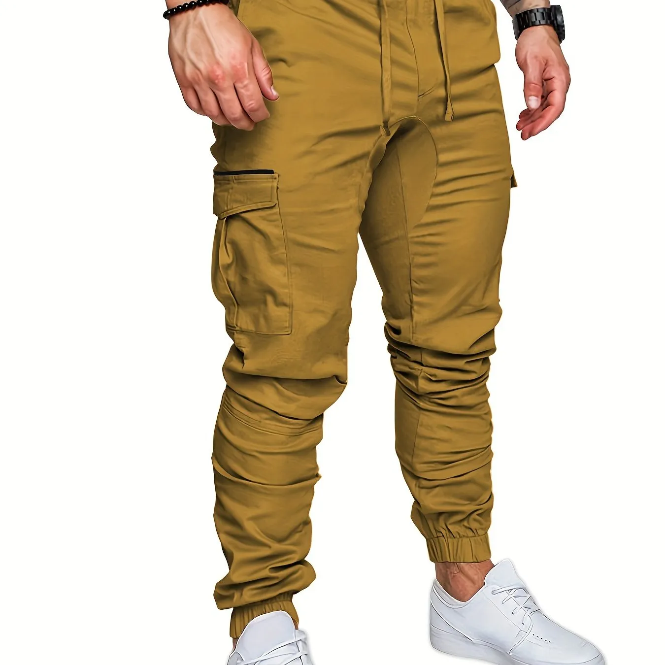 Mens Comfortable Woven Joggers with Flap Pockets - Stylish Cargo Pants for All-Season Outdoor Adventures - Adjustable Drawstring Waist