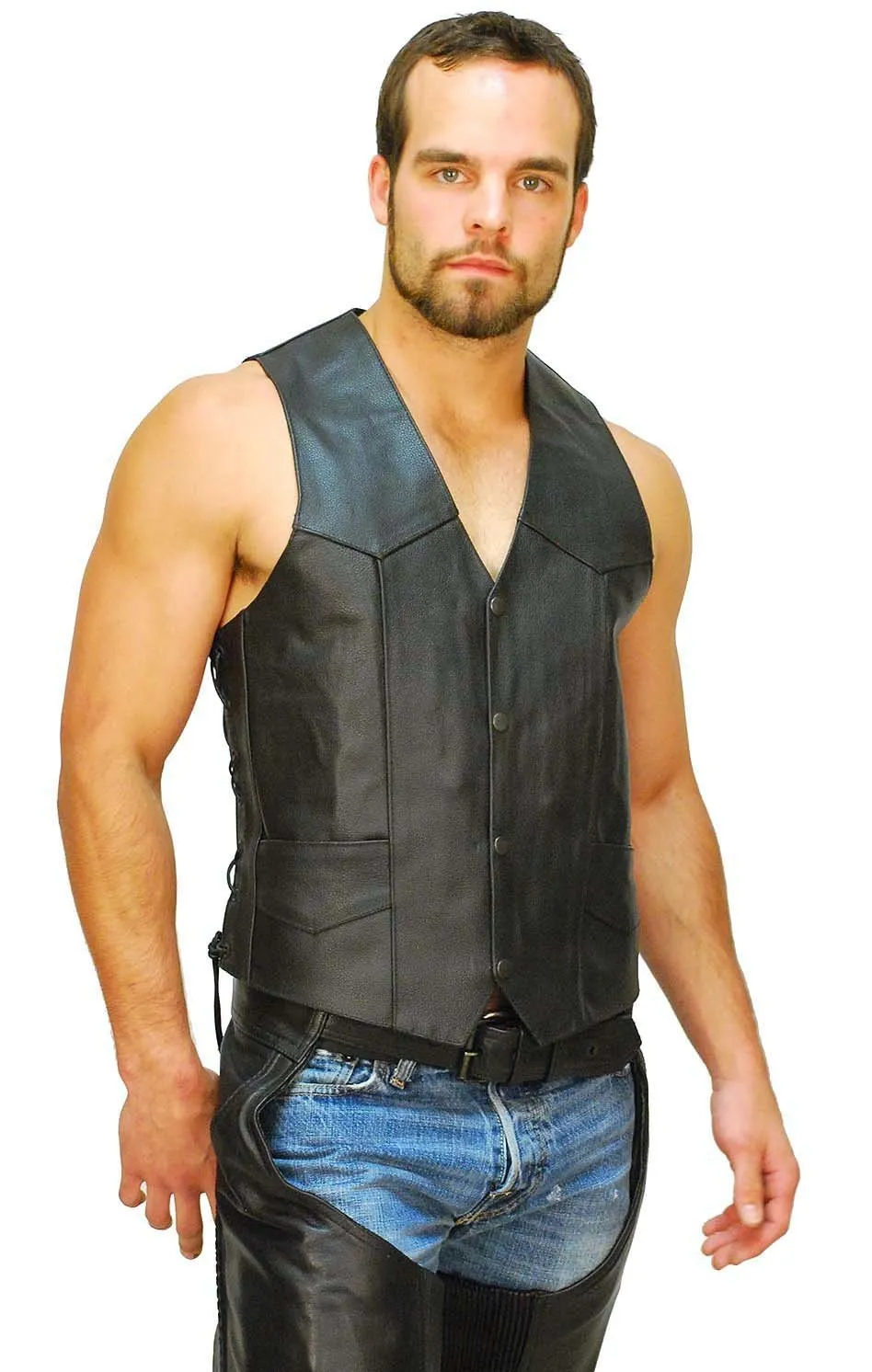 Men's Concealed Pocket Buffalo Leather Vest w/Side Lacing #VM803LK