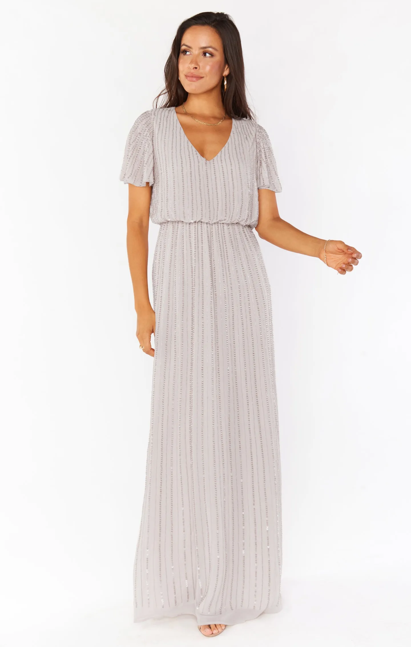 Michelle Flutter Maxi Dress ~ Dove Grey Beaded