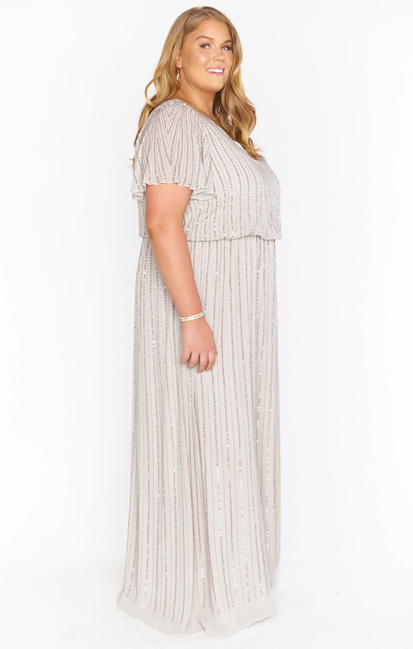 Michelle Flutter Maxi Dress ~ Dove Grey Beaded