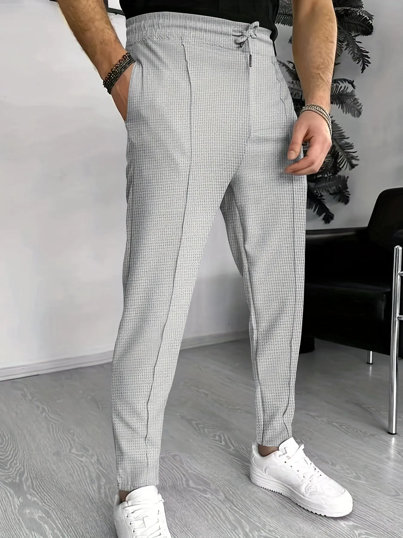 Mid Waist Solid Color Non-Stretch Polyester Casual Joggers - Drawstring Tapered Fit, Machine Washable, Perfect for Spring and Fall Running and Jogging - Mens Regular Fit Waffle Pattern Pants