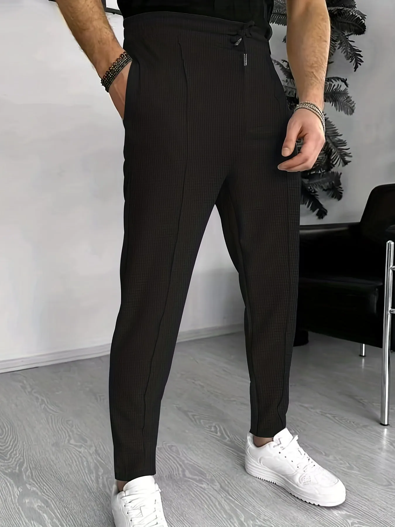 Mid Waist Solid Color Non-Stretch Polyester Casual Joggers - Drawstring Tapered Fit, Machine Washable, Perfect for Spring and Fall Running and Jogging - Mens Regular Fit Waffle Pattern Pants