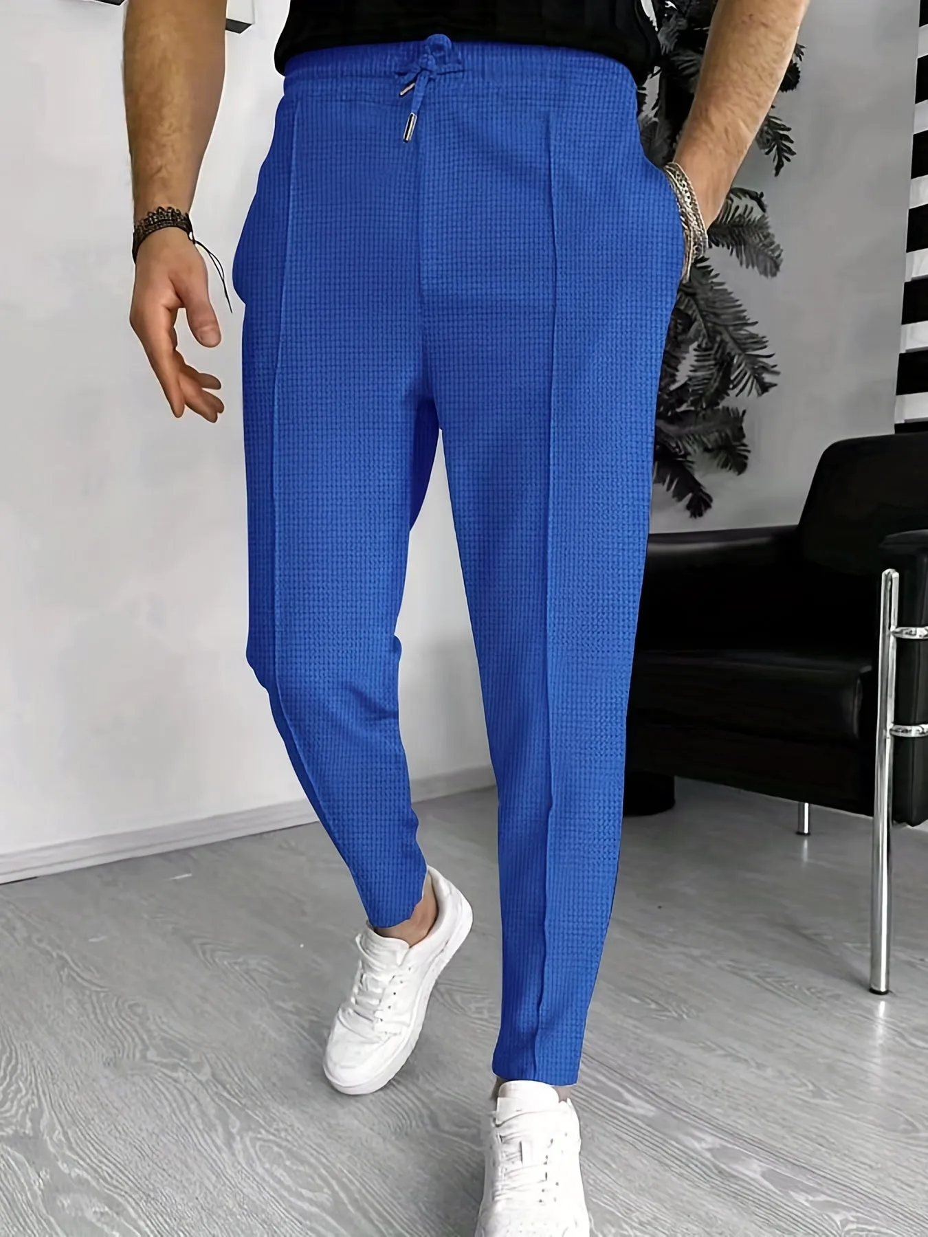 Mid Waist Solid Color Non-Stretch Polyester Casual Joggers - Drawstring Tapered Fit, Machine Washable, Perfect for Spring and Fall Running and Jogging - Mens Regular Fit Waffle Pattern Pants