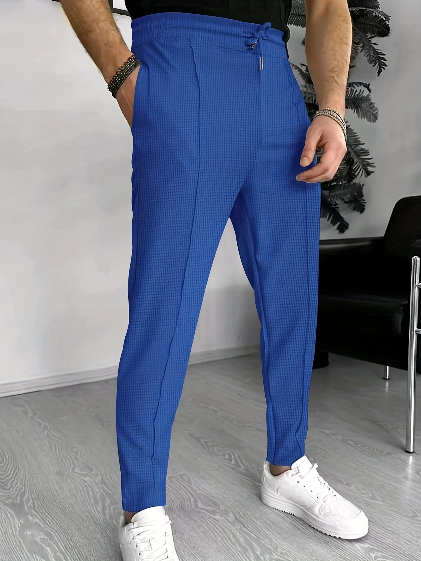 Mid Waist Solid Color Non-Stretch Polyester Casual Joggers - Drawstring Tapered Fit, Machine Washable, Perfect for Spring and Fall Running and Jogging - Mens Regular Fit Waffle Pattern Pants