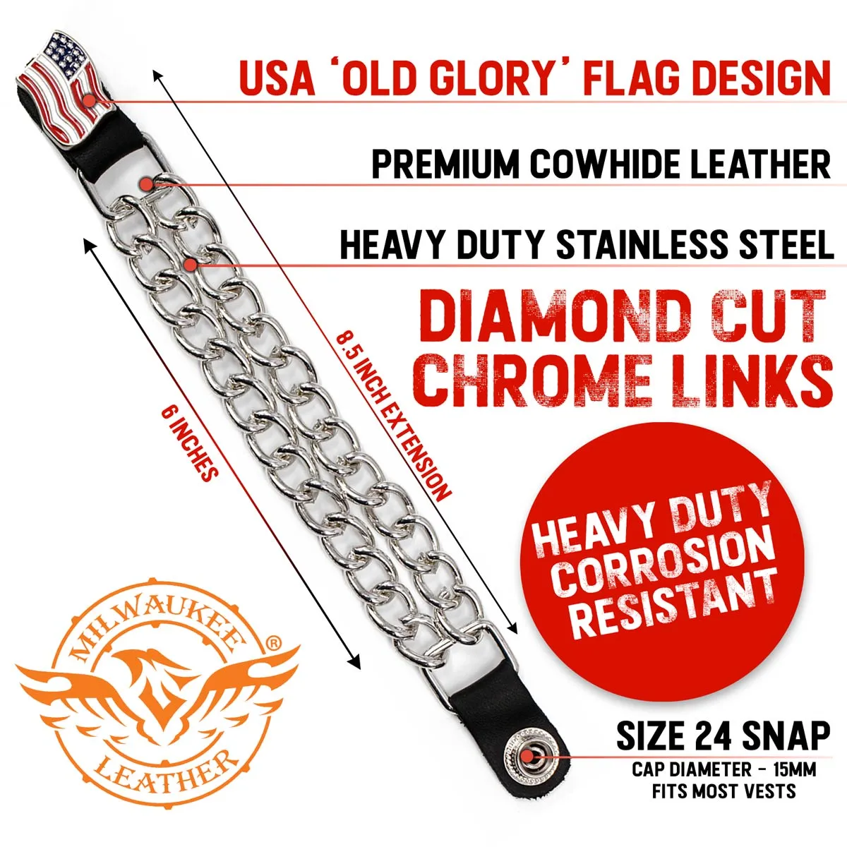 Milwaukee Leather American Flag Medallion Vest Extender - Double Chrome Chains Genuine Leather 8.5" Extension MLA1042-Single