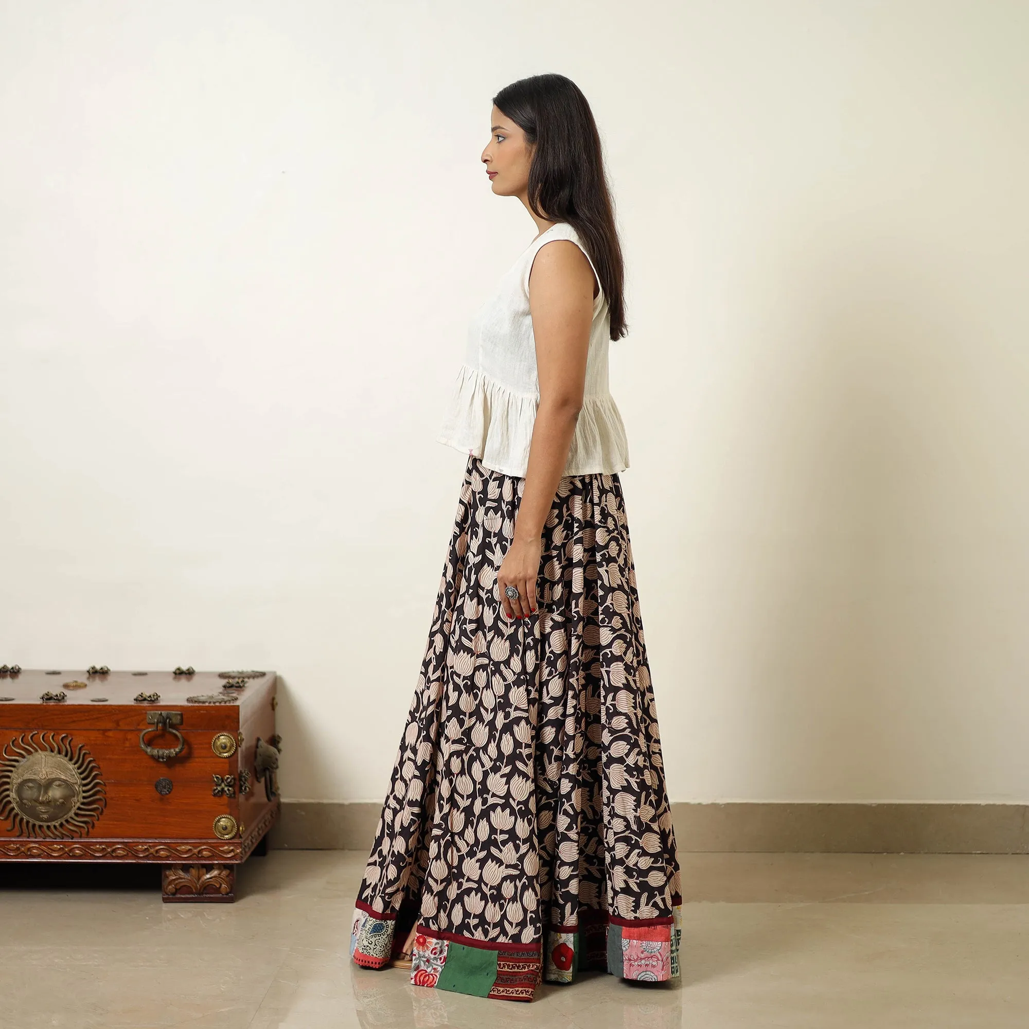 Multicolor - Hand Block Printed Cotton Long Bagru Skirt 11