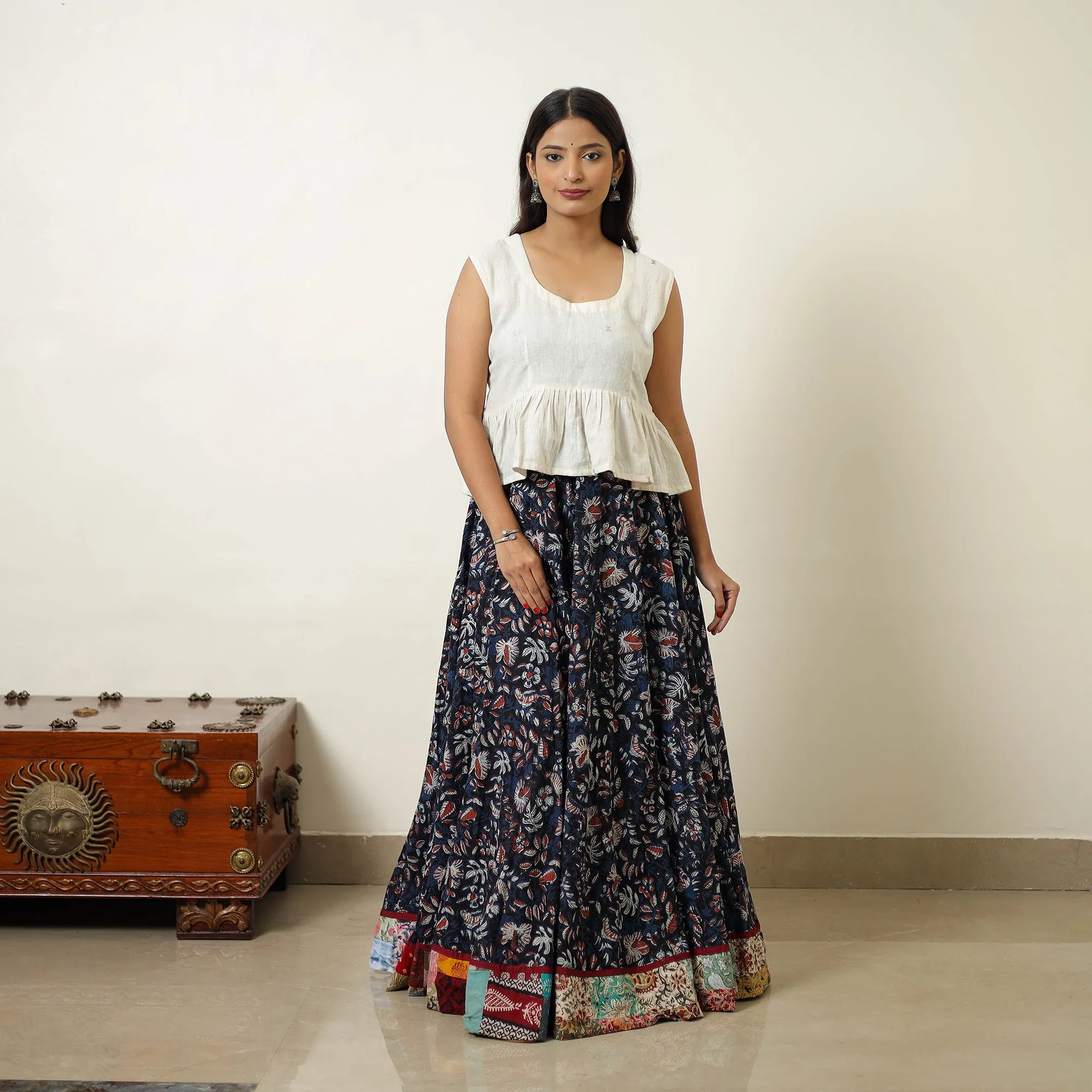 Multicolor - Hand Block Printed Cotton Long Bagru Skirt 12