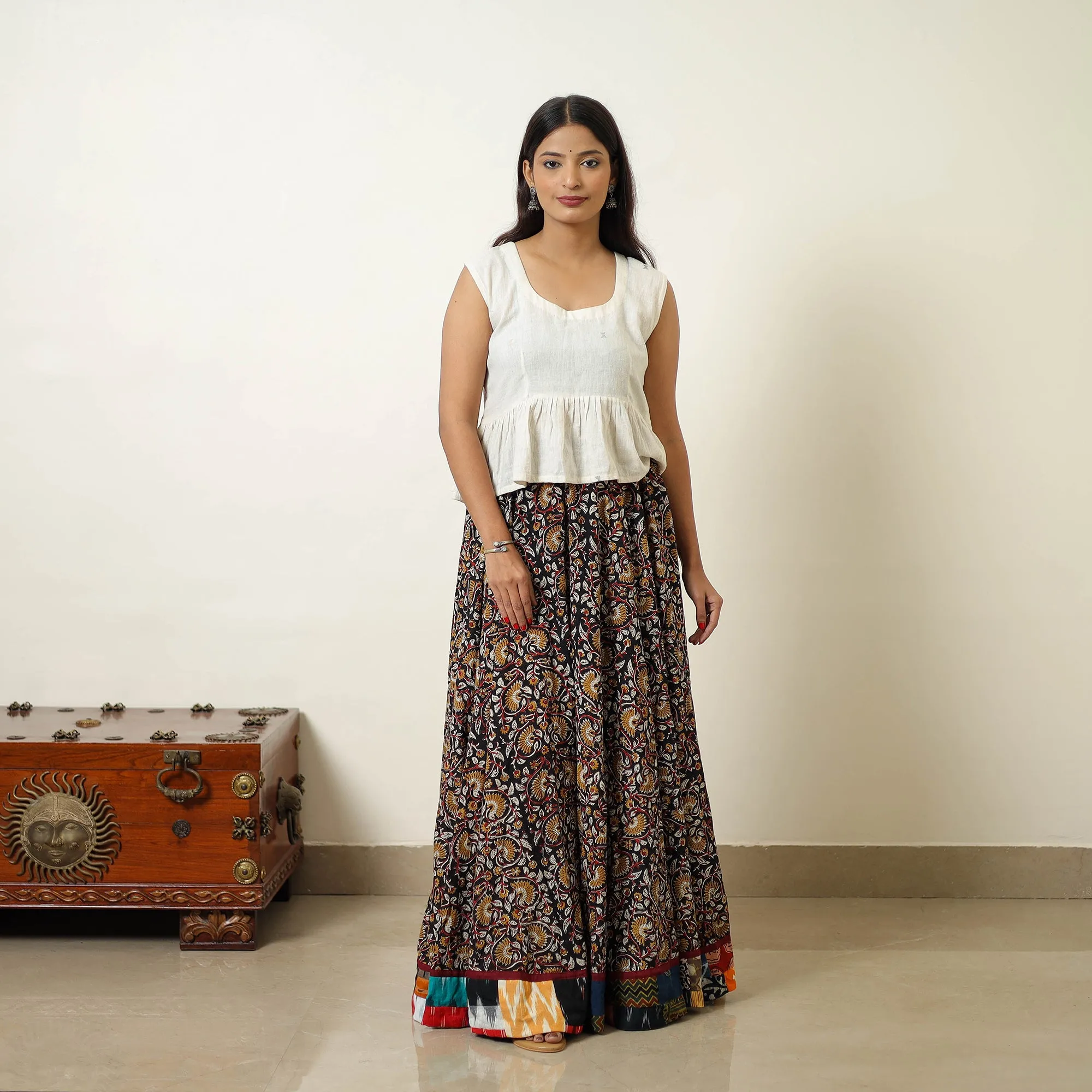 Multicolor - Hand Block Printed Cotton Long Bagru Skirt 16