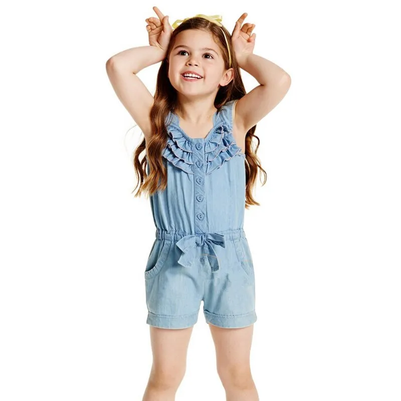 New Kids Girls Clothing Denim Blue Cotton Washed Jeans Sleeveless Bow Jumpsuits 0-5 Year