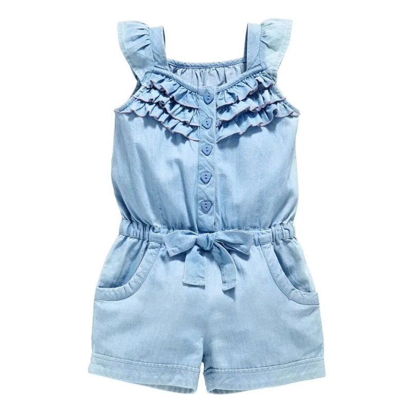 New Kids Girls Clothing Denim Blue Cotton Washed Jeans Sleeveless Bow Jumpsuits 0-5 Year