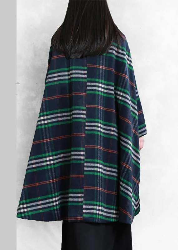 New oversized Winter coat fall coat blue plaid Peter pan Collar woolen overcoat