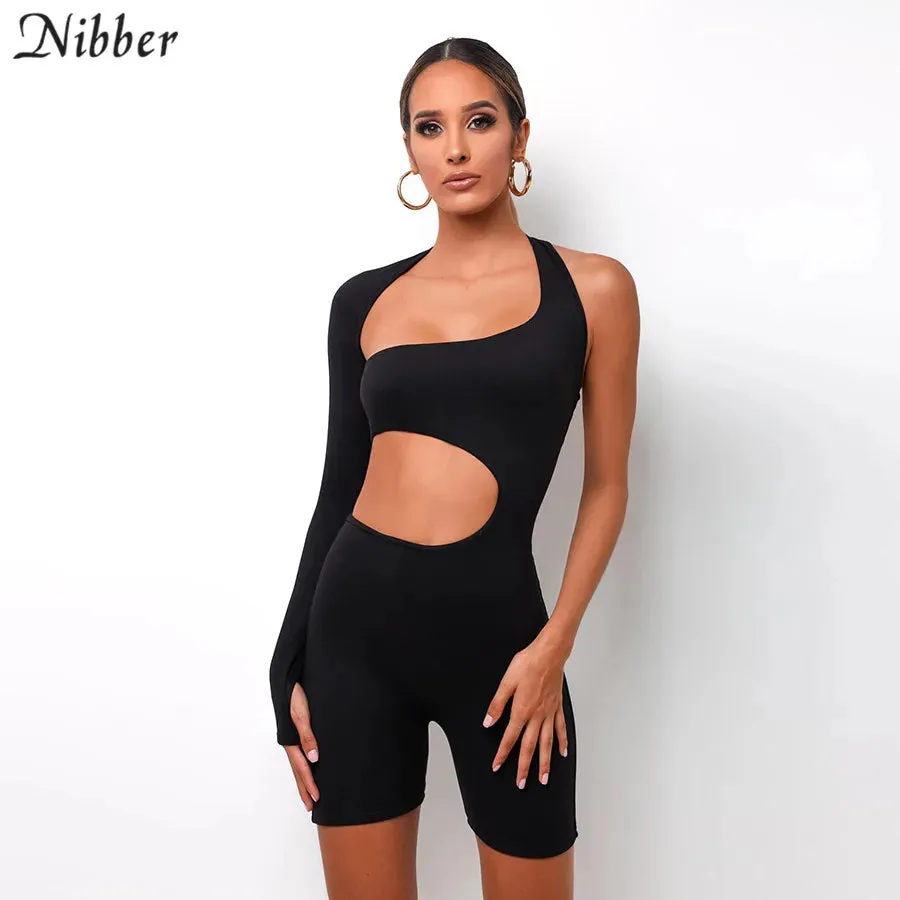 Nibber Casual Sports Hollow Out Skinny Fitness Shorts Jumpsuit Women Fashion Asymmetry Long Sleeve Workout Slim Soft Jumpsuit