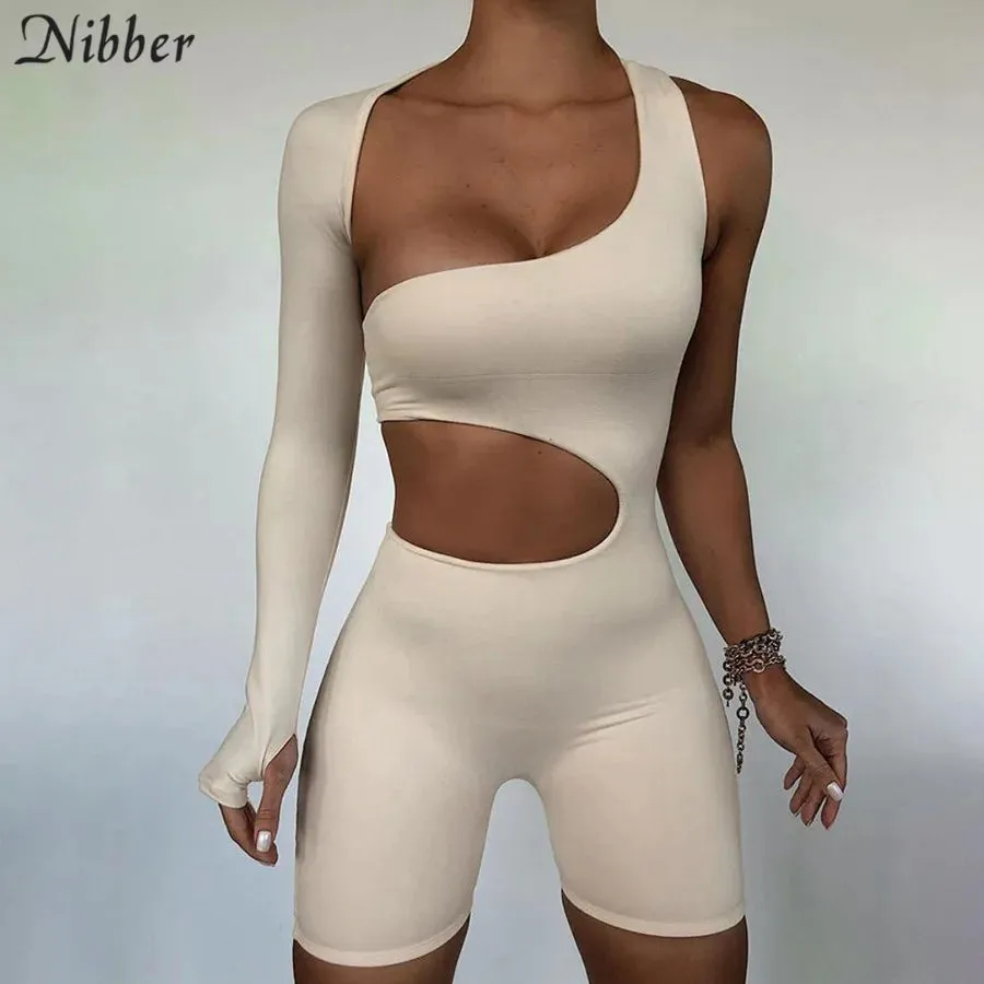 Nibber Casual Sports Hollow Out Skinny Fitness Shorts Jumpsuit Women Fashion Asymmetry Long Sleeve Workout Slim Soft Jumpsuit