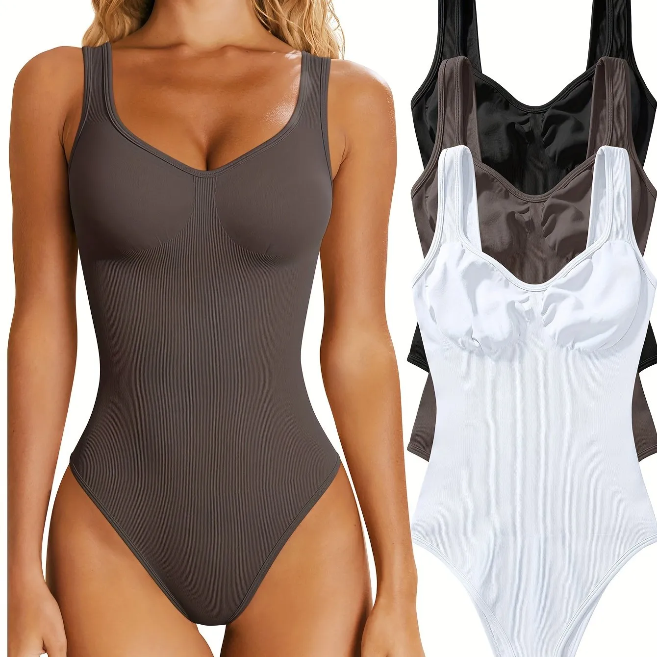 OQQ Women's 3 Piece Bodysuits Sexy Ribbed Sleeveless Shapewear Tank Tops Bodysuits