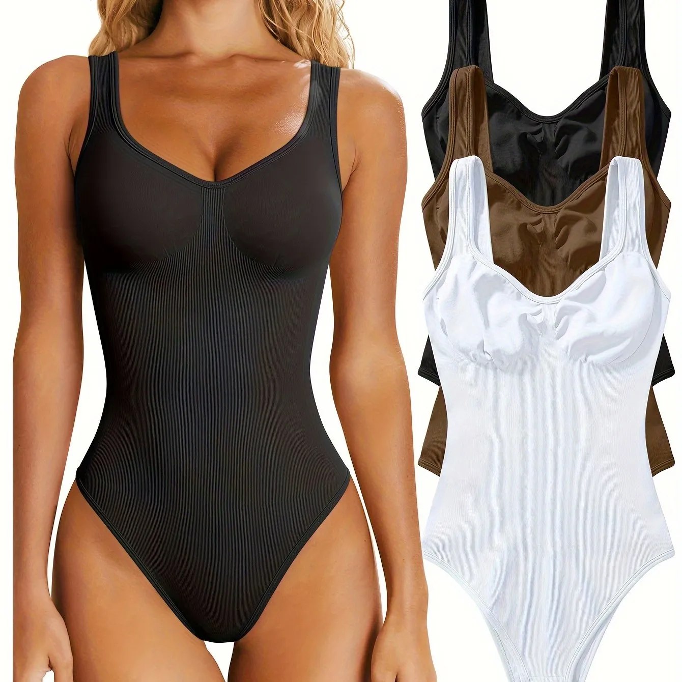 OQQ Women's 3 Piece Bodysuits Sexy Ribbed Sleeveless Shapewear Tank Tops Bodysuits