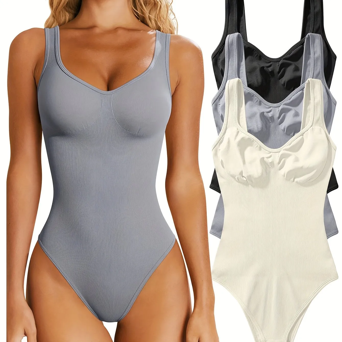 OQQ Women's 3 Piece Bodysuits Sexy Ribbed Sleeveless Shapewear Tank Tops Bodysuits