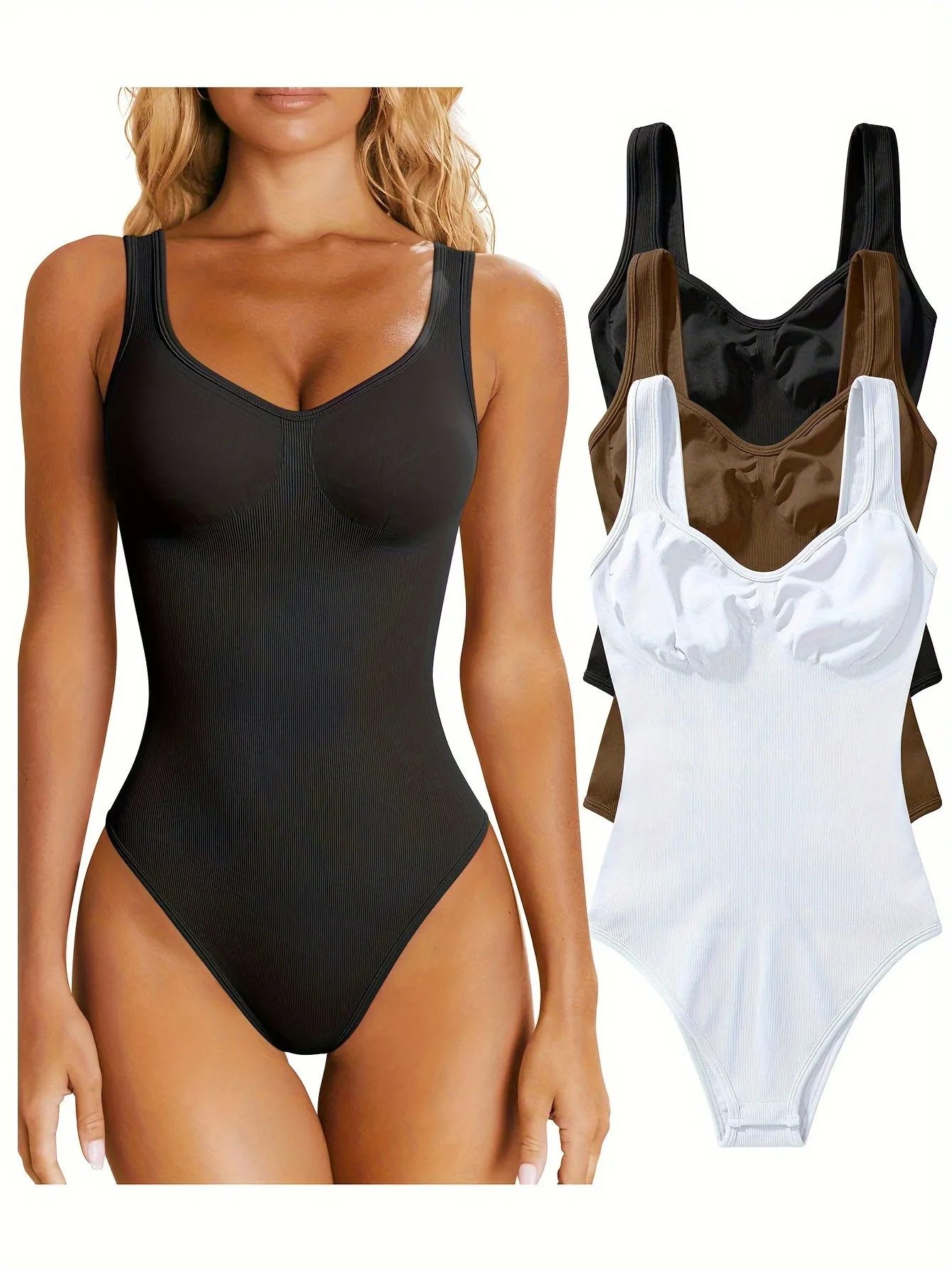 OQQ Women's 3 Piece Bodysuits Sexy Ribbed Sleeveless Shapewear Tank Tops Bodysuits