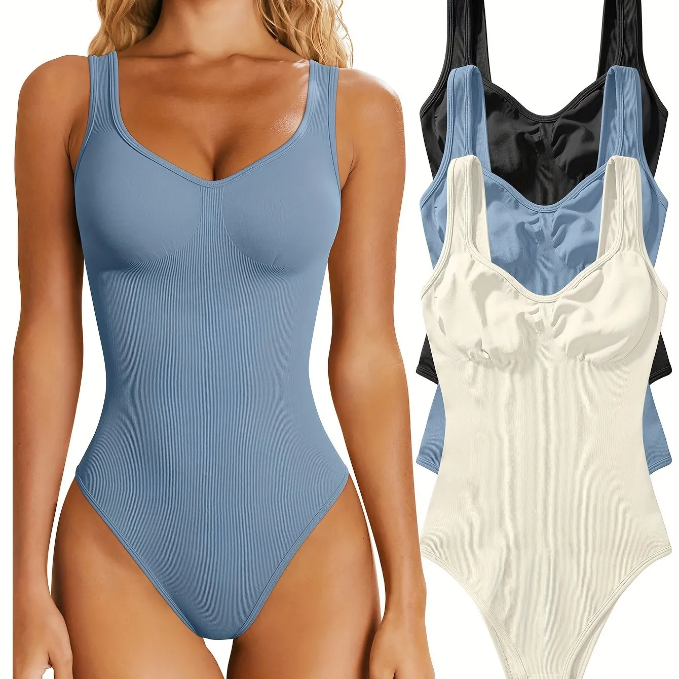 OQQ Women's 3 Piece Bodysuits Sexy Ribbed Sleeveless Shapewear Tank Tops Bodysuits