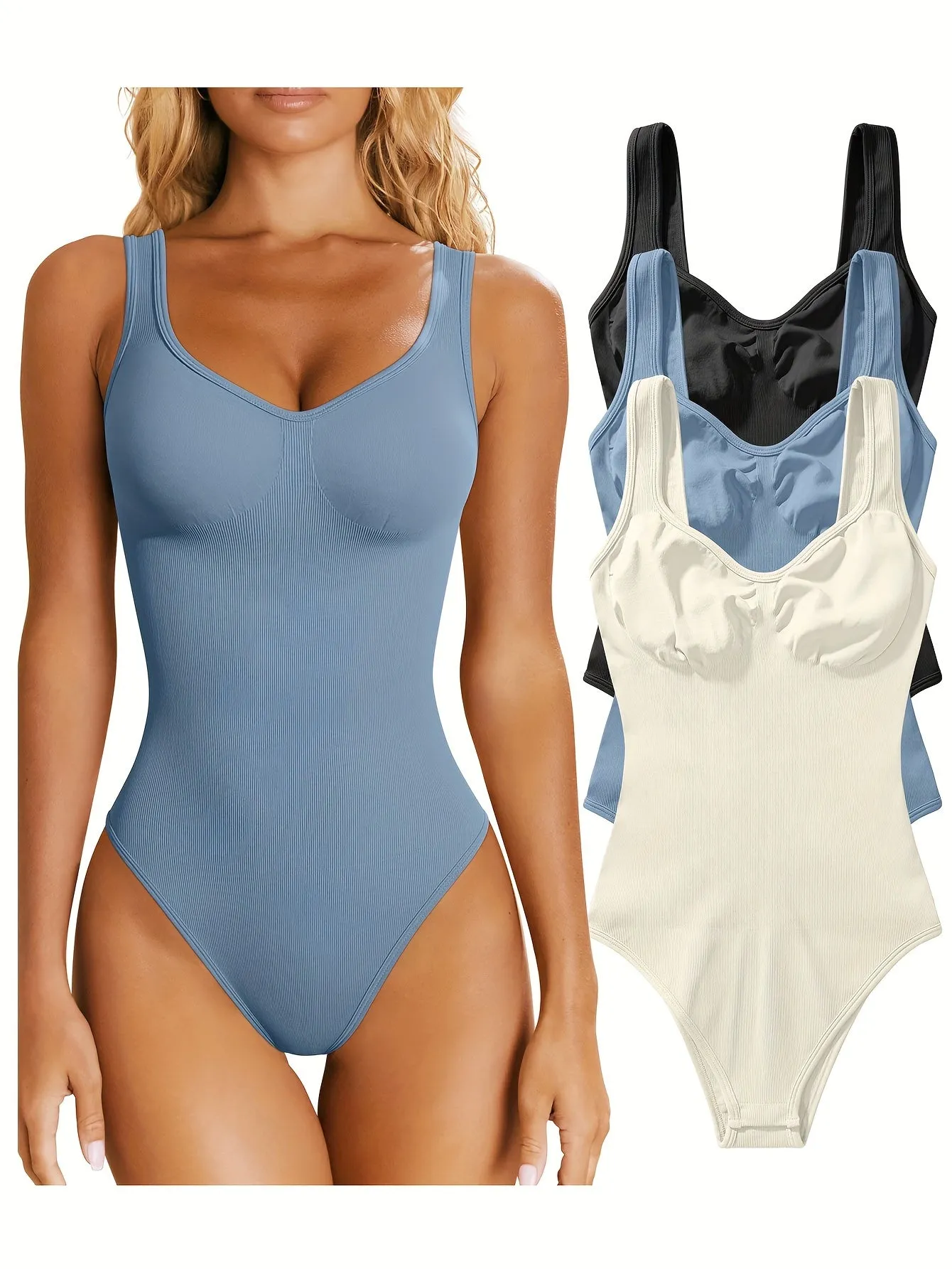 OQQ Women's 3 Piece Bodysuits Sexy Ribbed Sleeveless Shapewear Tank Tops Bodysuits