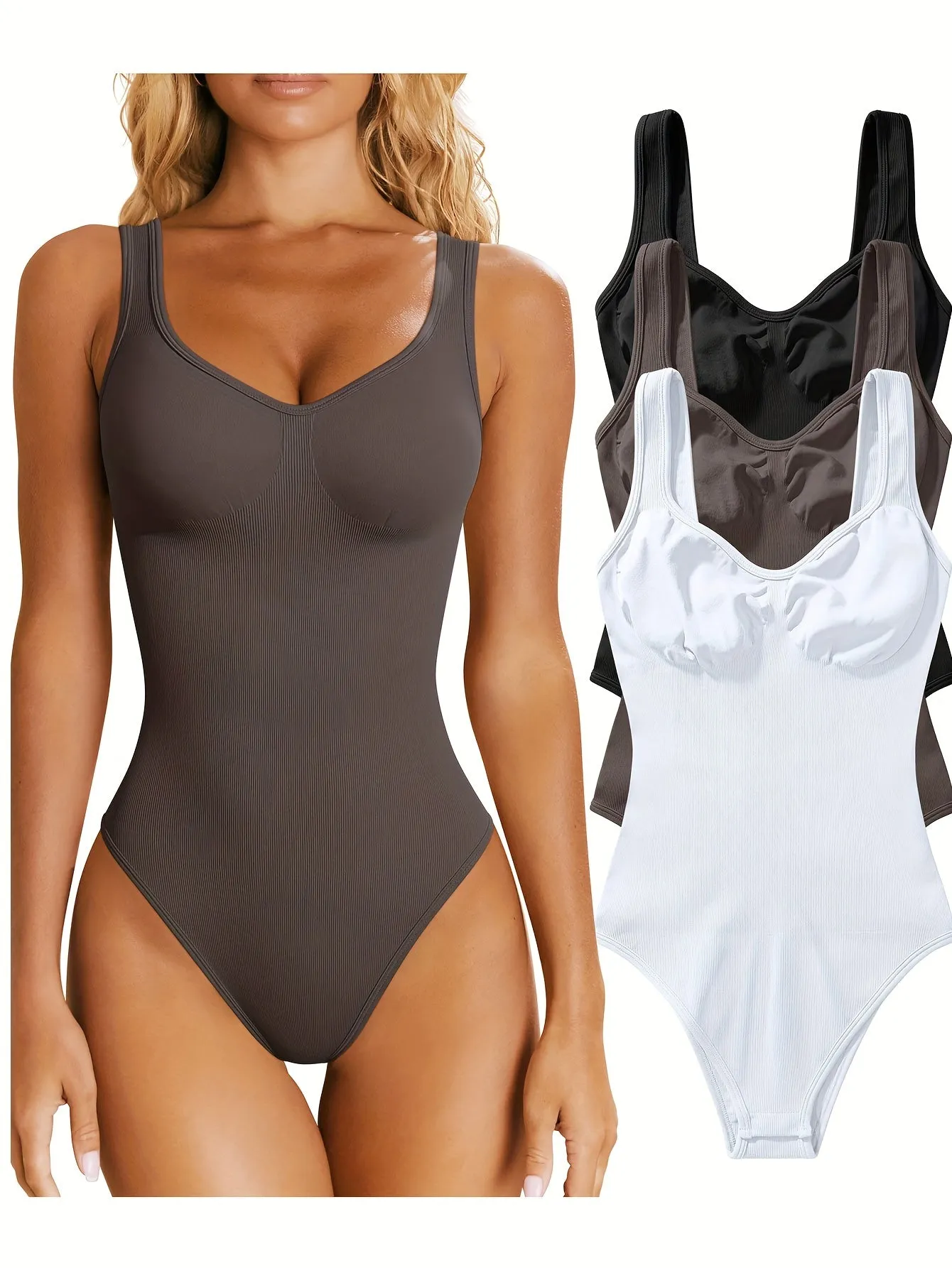 OQQ Women's 3 Piece Bodysuits Sexy Ribbed Sleeveless Shapewear Tank Tops Bodysuits