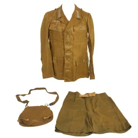 Original German WWII Afrikakorps Set: Unissued Mint Olive Green M43 Heer Army Enlisted Tunic & Shorts with Bread Bag