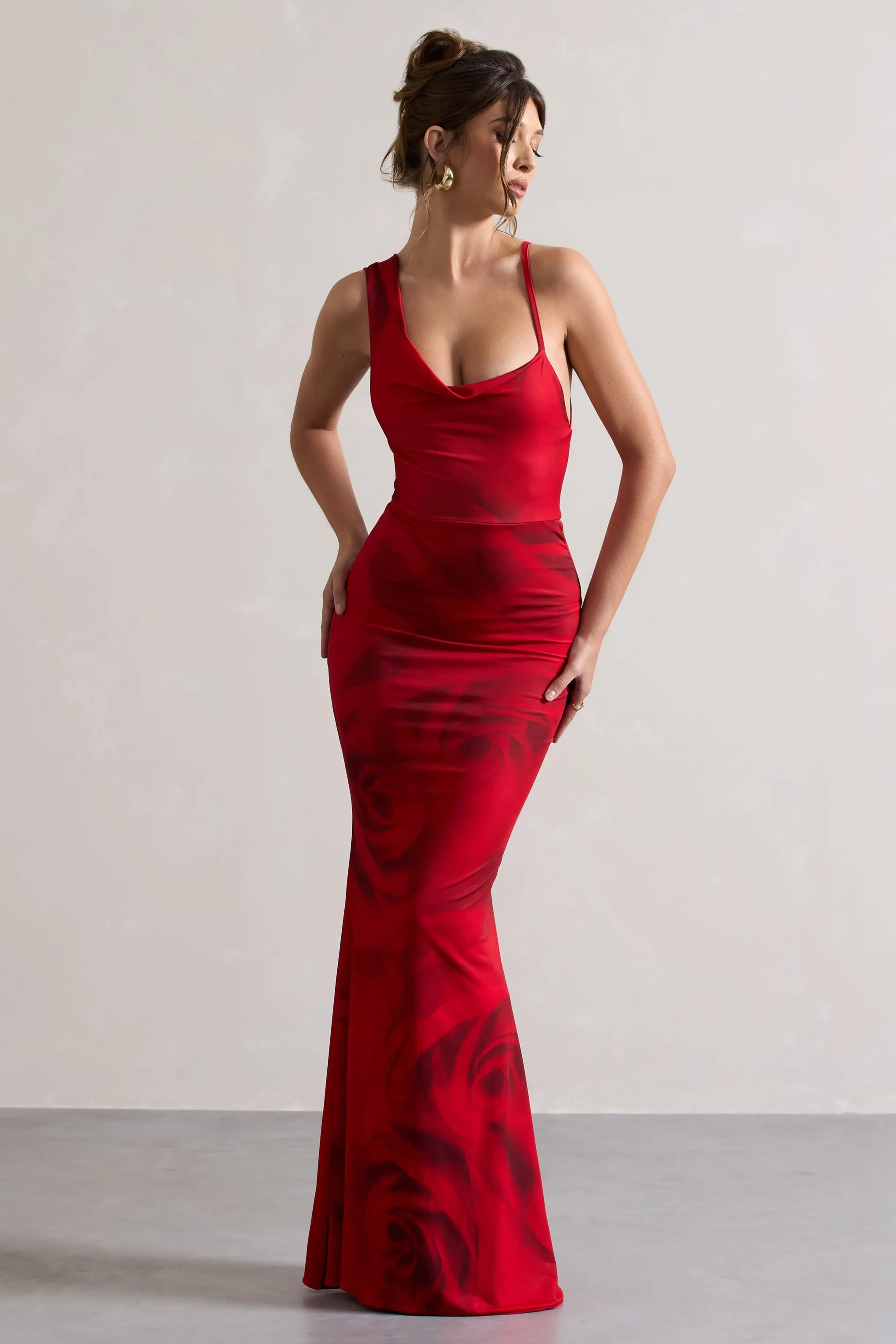 Phantasy | Red Rose Print Asymmetric Neckline Cowl Maxi Dress