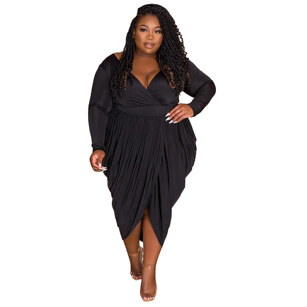 Plus Size Women Clothing Sexy Deep V Plunge Plunge Fashionable Pleated Elegant Nightclub Woman Dress Maxi Dress