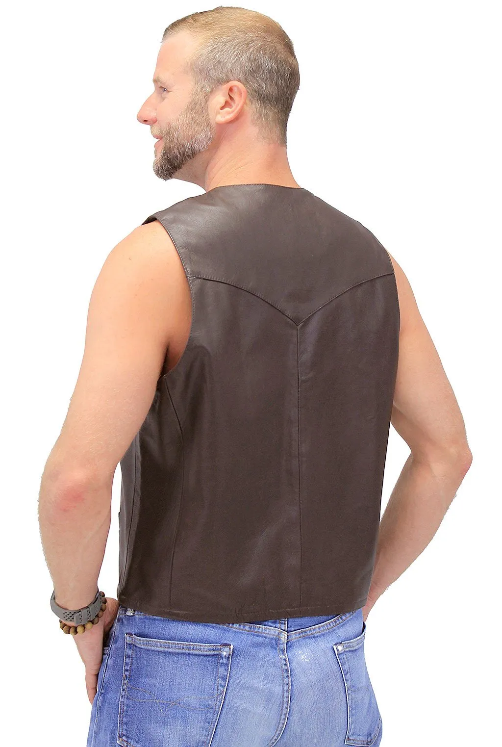 Premium Brown Button Down Lambskin Leather Vest for Men #VM504BTN ()