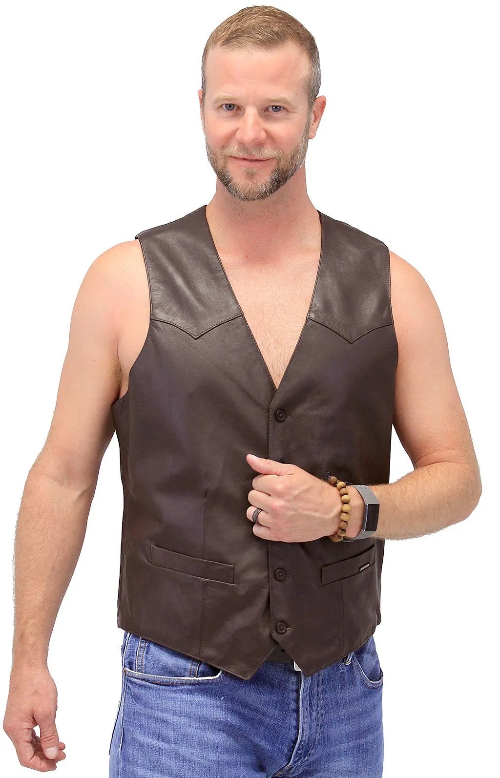 Premium Brown Button Down Lambskin Leather Vest for Men #VM504BTN ()