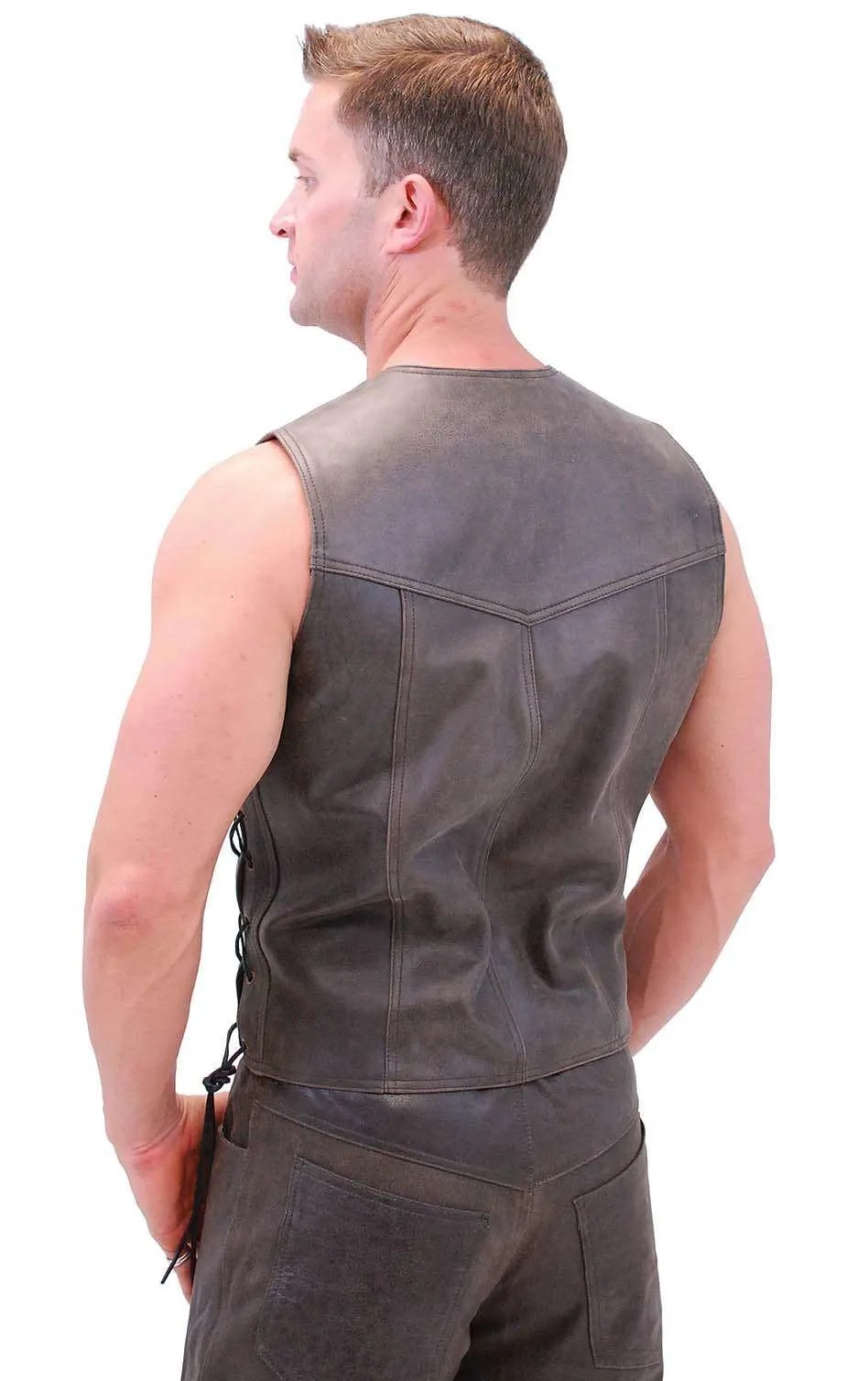 Premium Rich Brown Leather Vest w/Side Lace #VM2622N ()