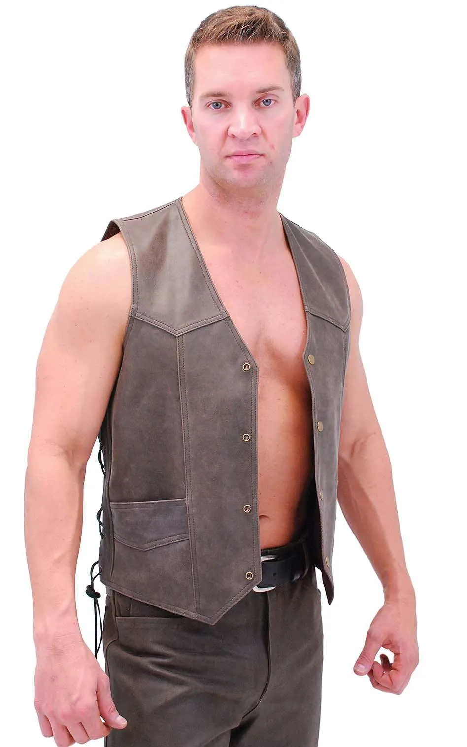 Premium Rich Brown Leather Vest w/Side Lace #VM2622N ()