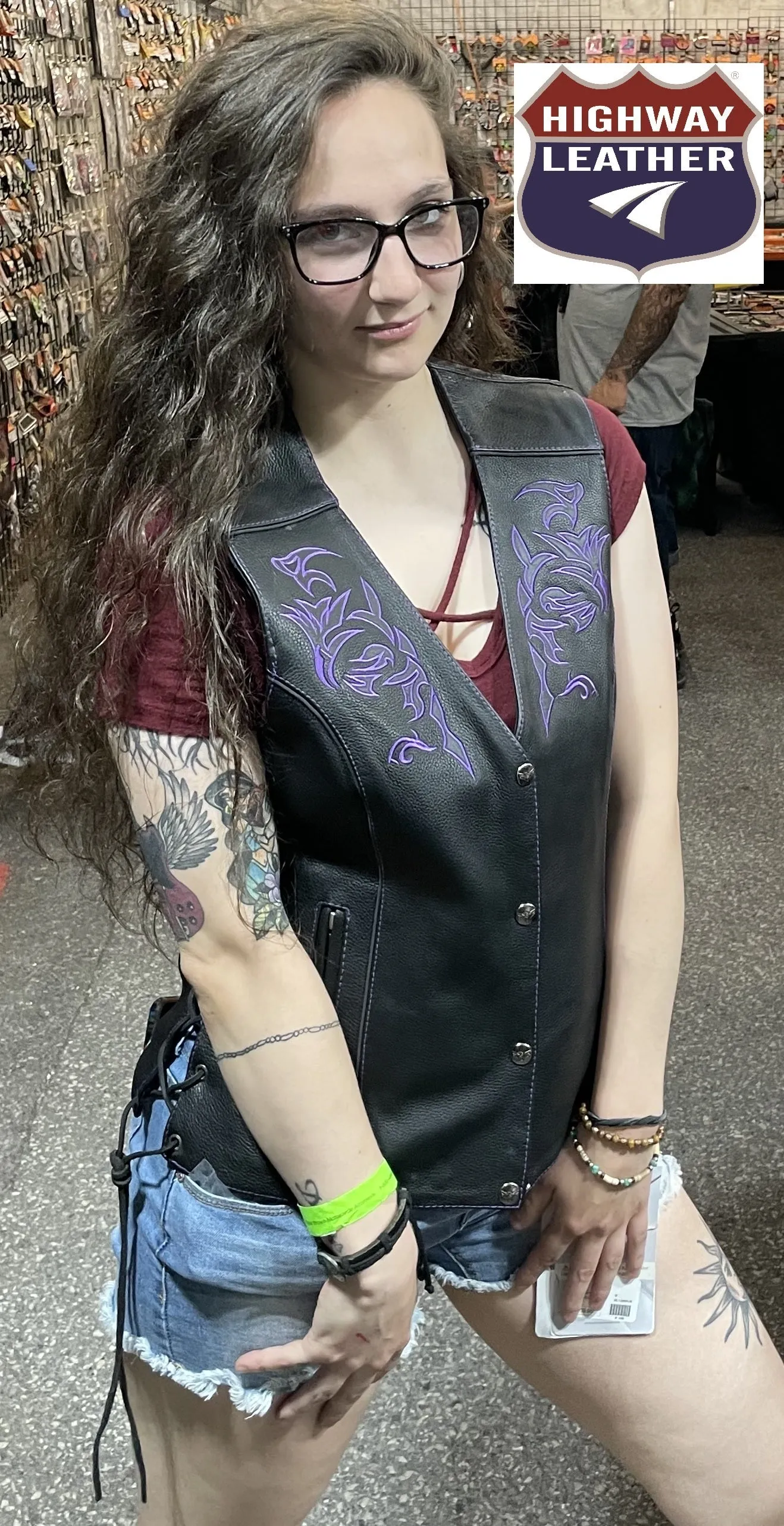 Purple Tribal Design (Reflective) Women's Motorcycle Leather Vest