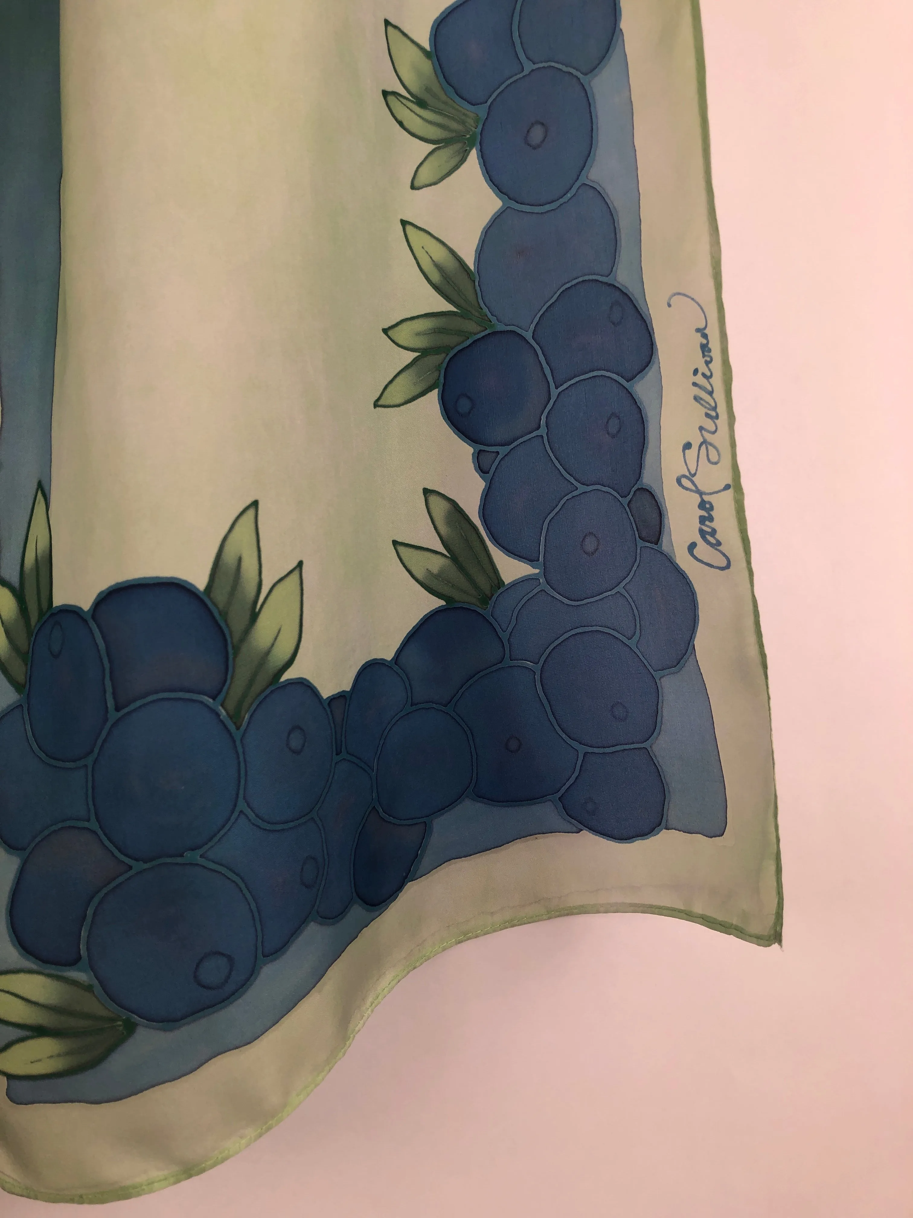 "Maine Blueberries on Green" - Hand-dyed Silk Scarf - $135