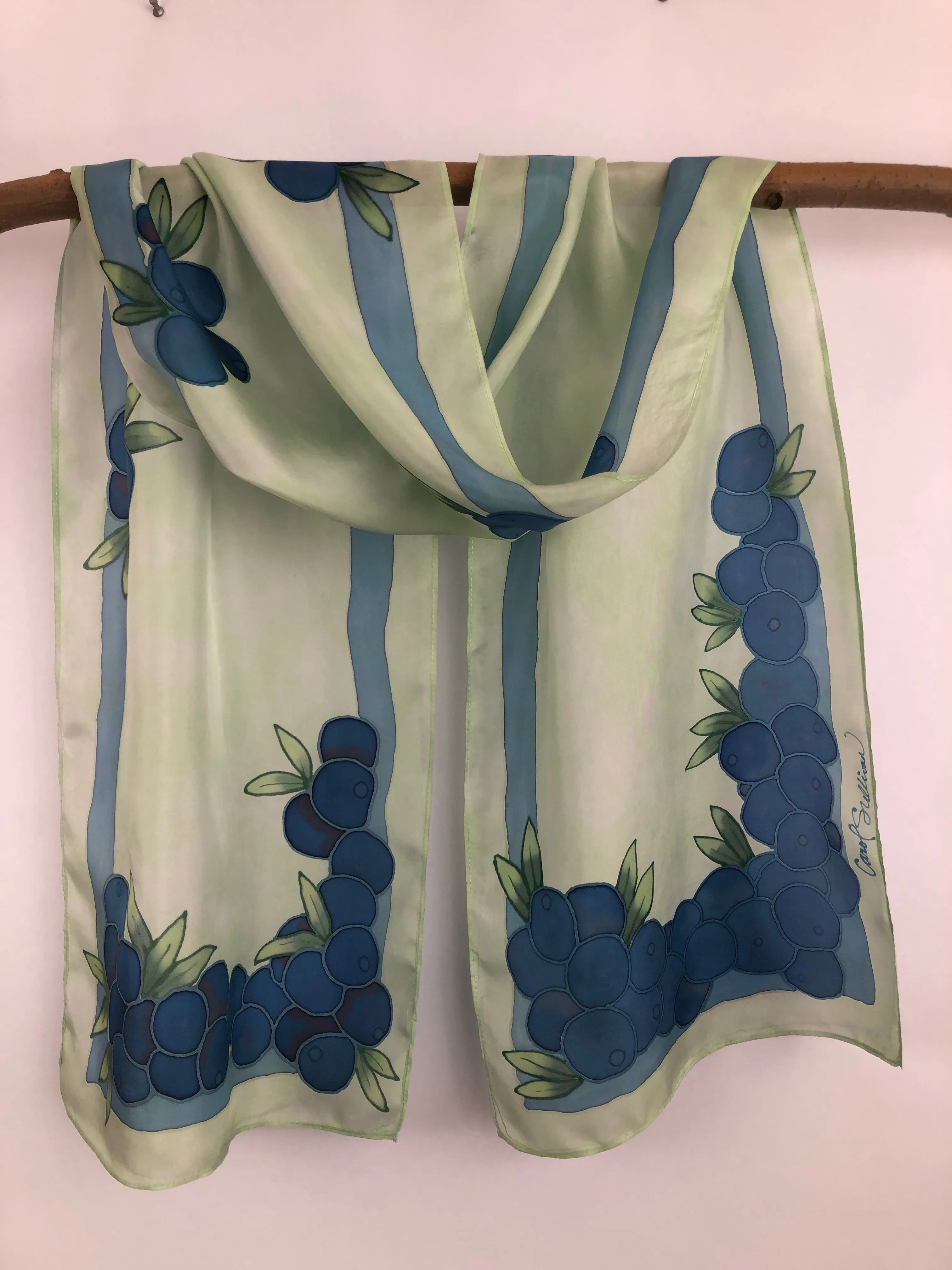 "Maine Blueberries on Green" - Hand-dyed Silk Scarf - $135