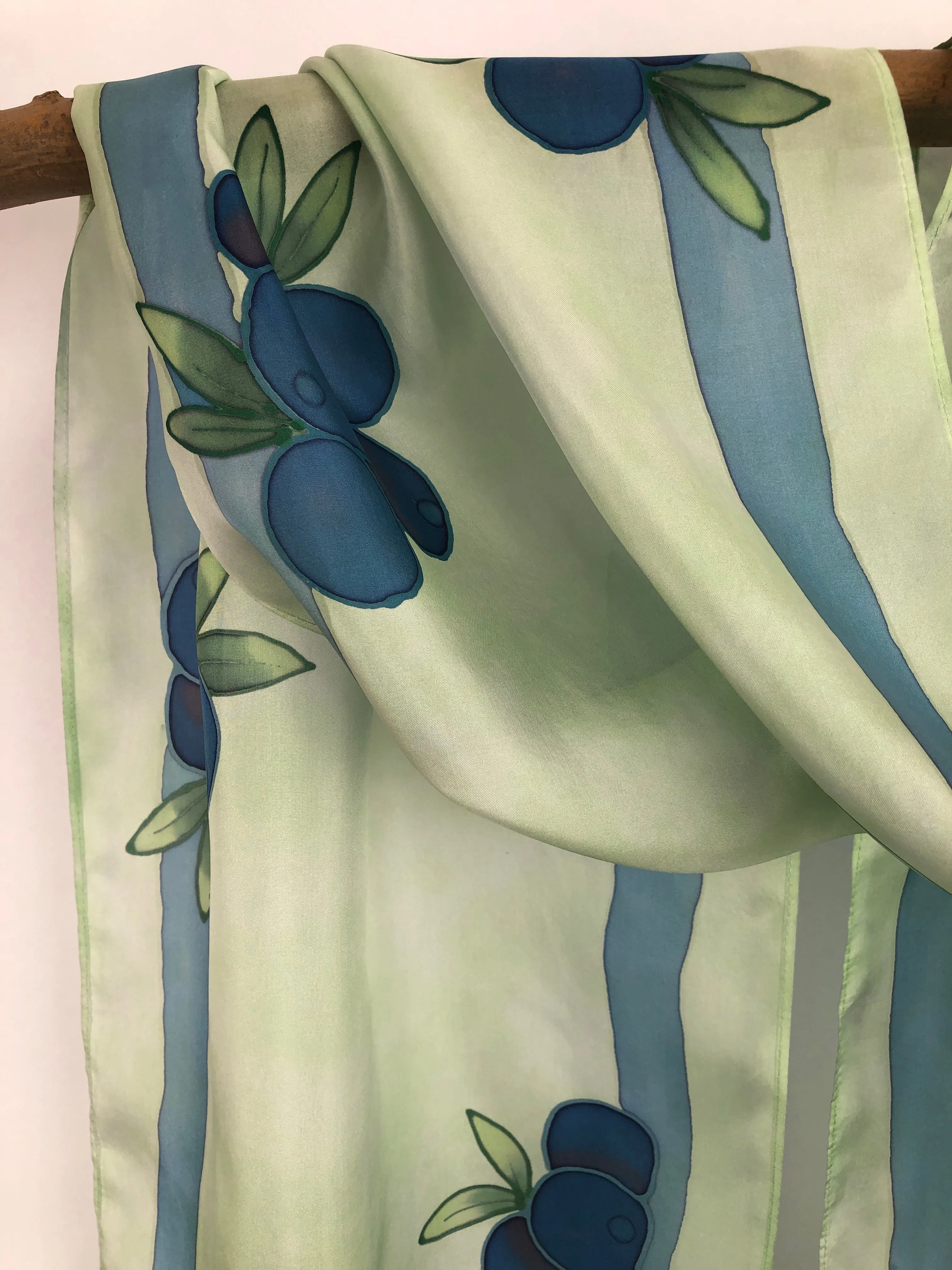 "Maine Blueberries on Green" - Hand-dyed Silk Scarf - $135