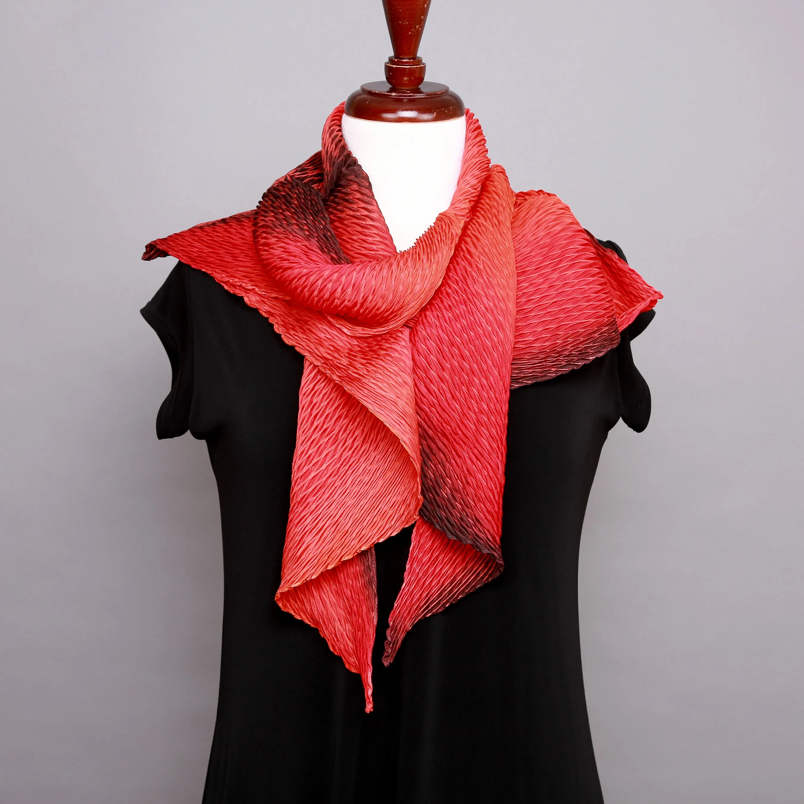 Red and Black Silk Shibori ZigZag Scarf