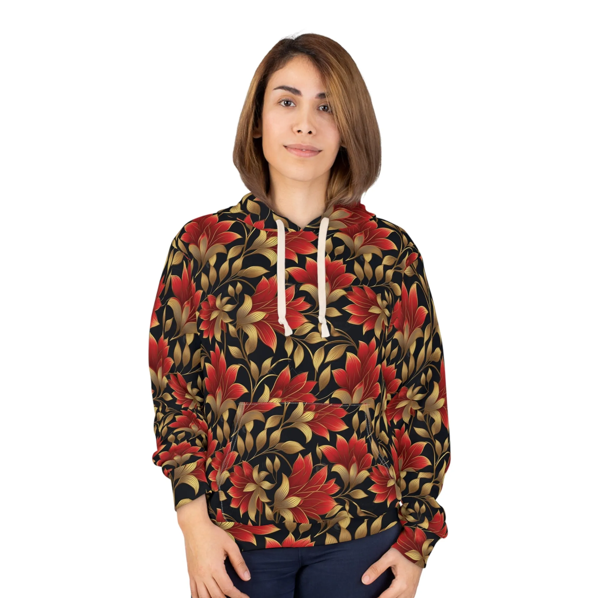 Red and Gold Floral Unisex Pullover Hoodie (AOP)