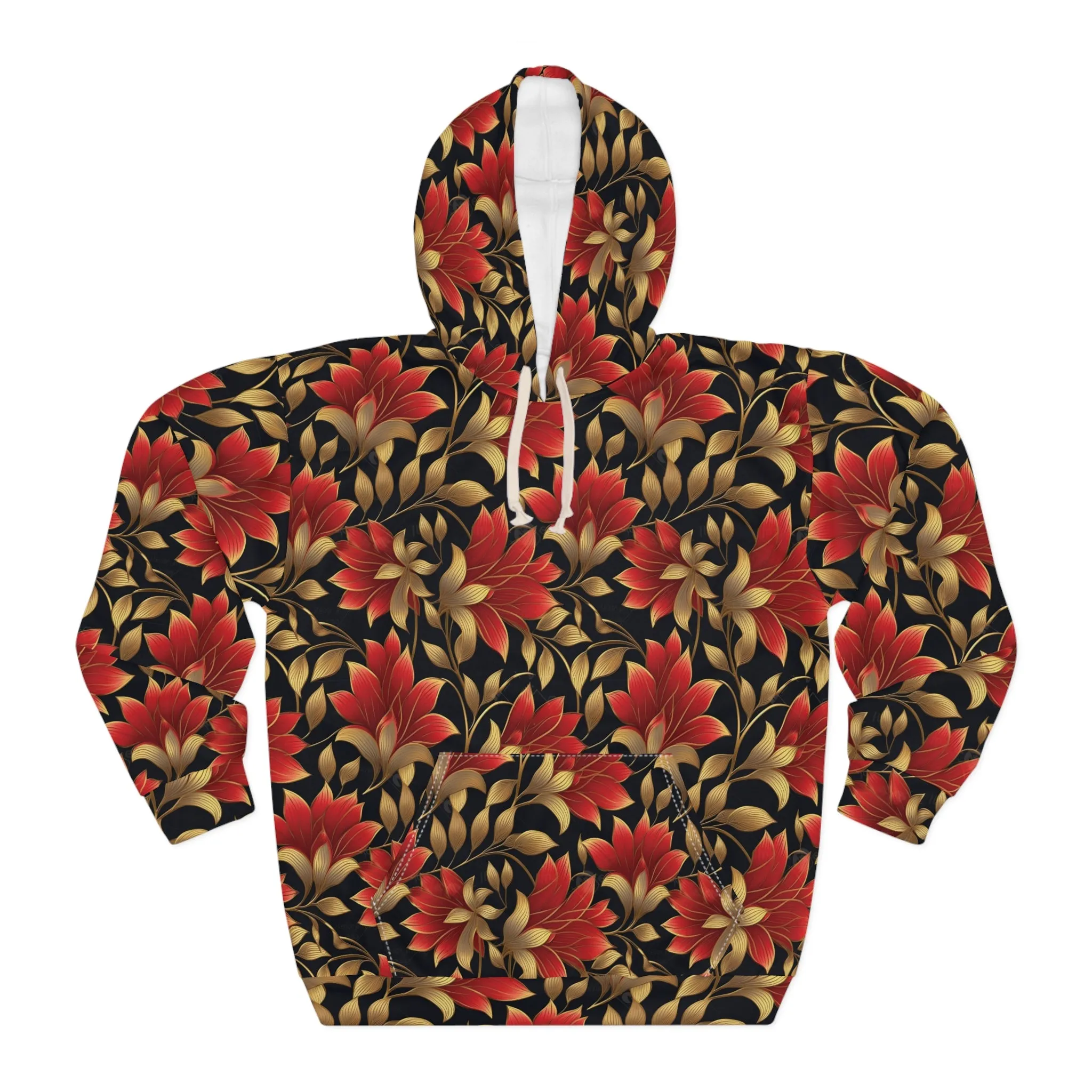 Red and Gold Floral Unisex Pullover Hoodie (AOP)