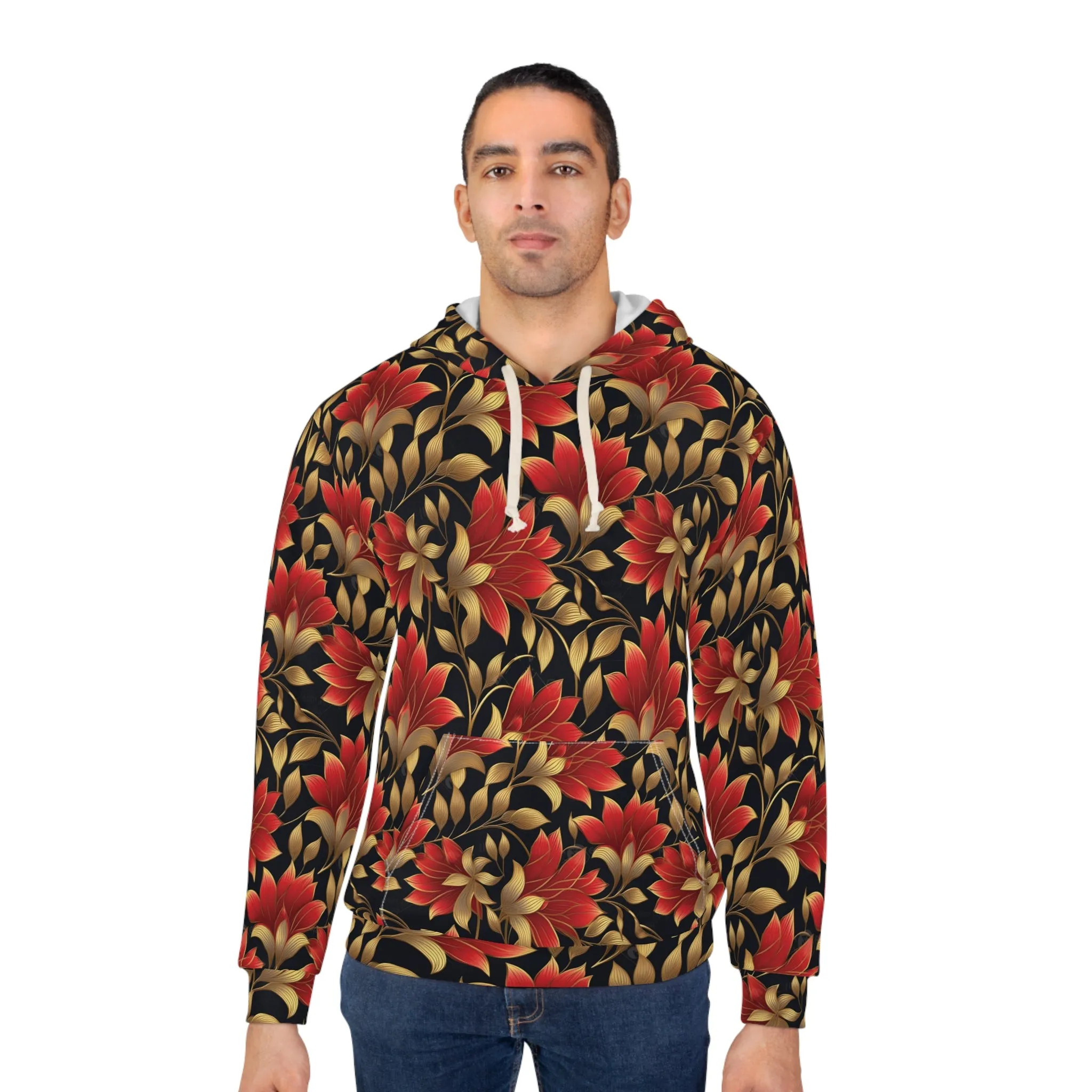 Red and Gold Floral Unisex Pullover Hoodie (AOP)