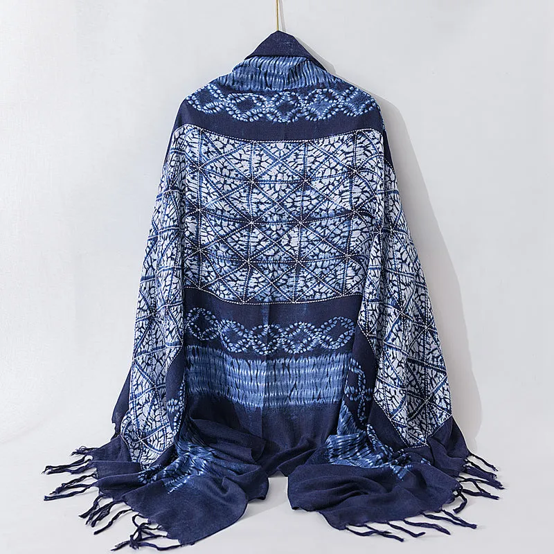 Retro ethnic scarf women's spring and autumn imitation blue dyed wild literary long summer sun protection holiday shawl scarf