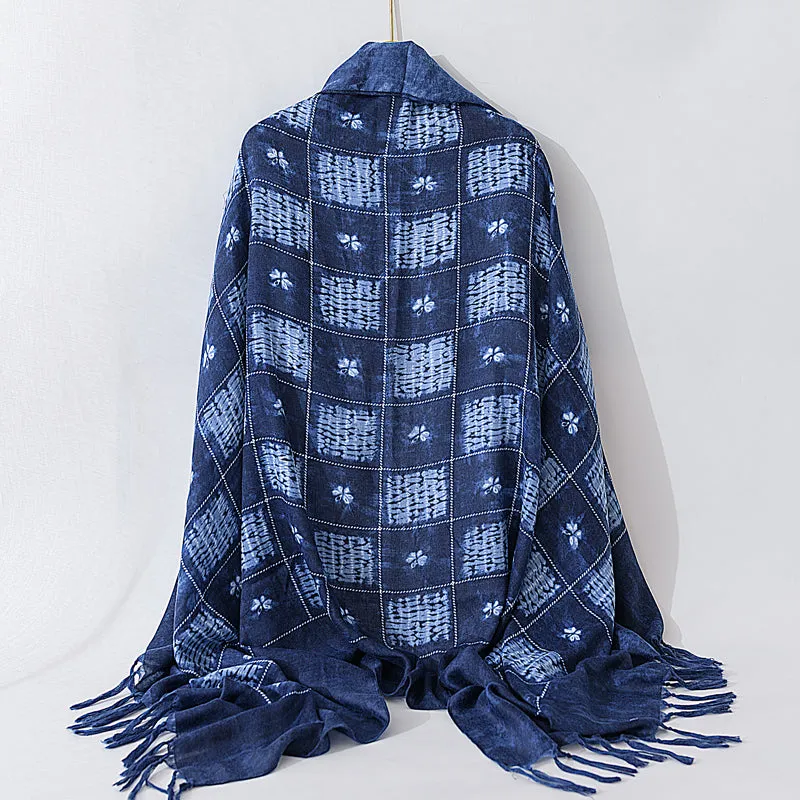 Retro ethnic scarf women's spring and autumn imitation blue dyed wild literary long summer sun protection holiday shawl scarf