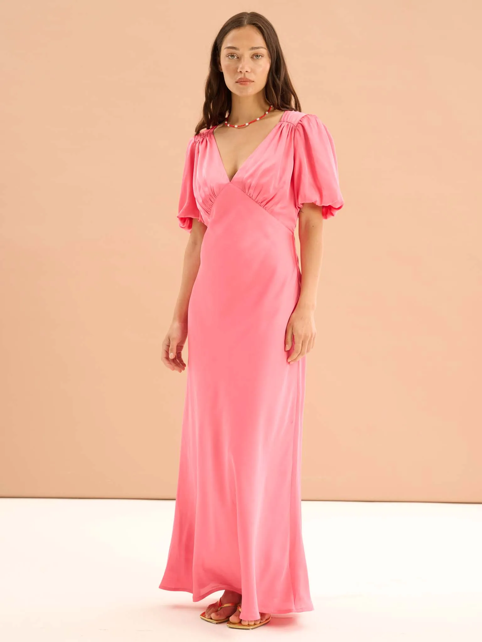 Rosie Ruched Puff Sleeve Dress in Hot Pink