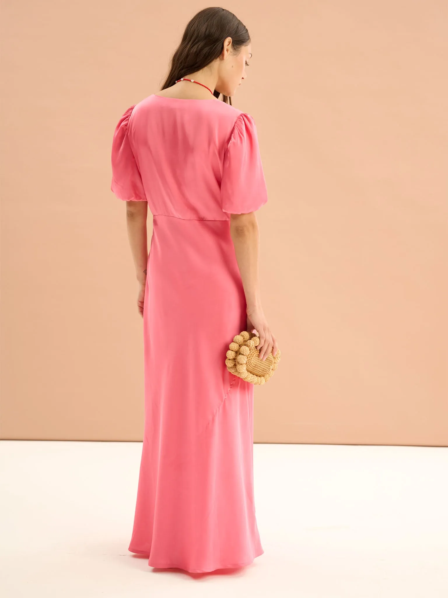 Rosie Ruched Puff Sleeve Dress in Hot Pink