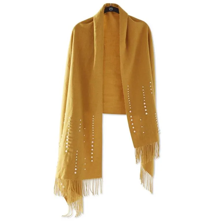 Scarf w/ Pearls and Fringe - Mustard