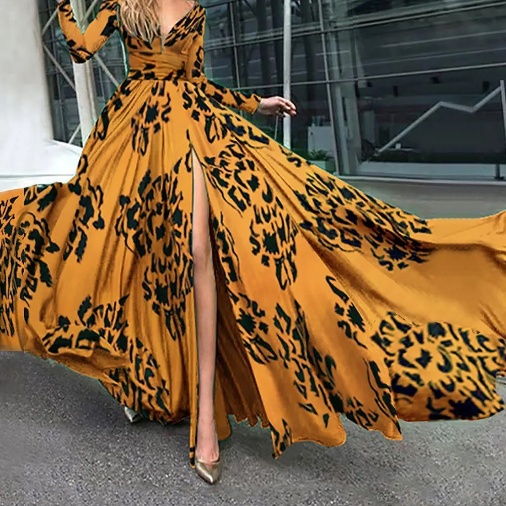 Sexy Deep V-neck Long Sleeve Maxi Dress Evening Gown