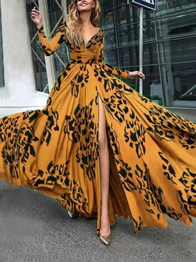 Sexy Deep V-neck Long Sleeve Maxi Dress Evening Gown