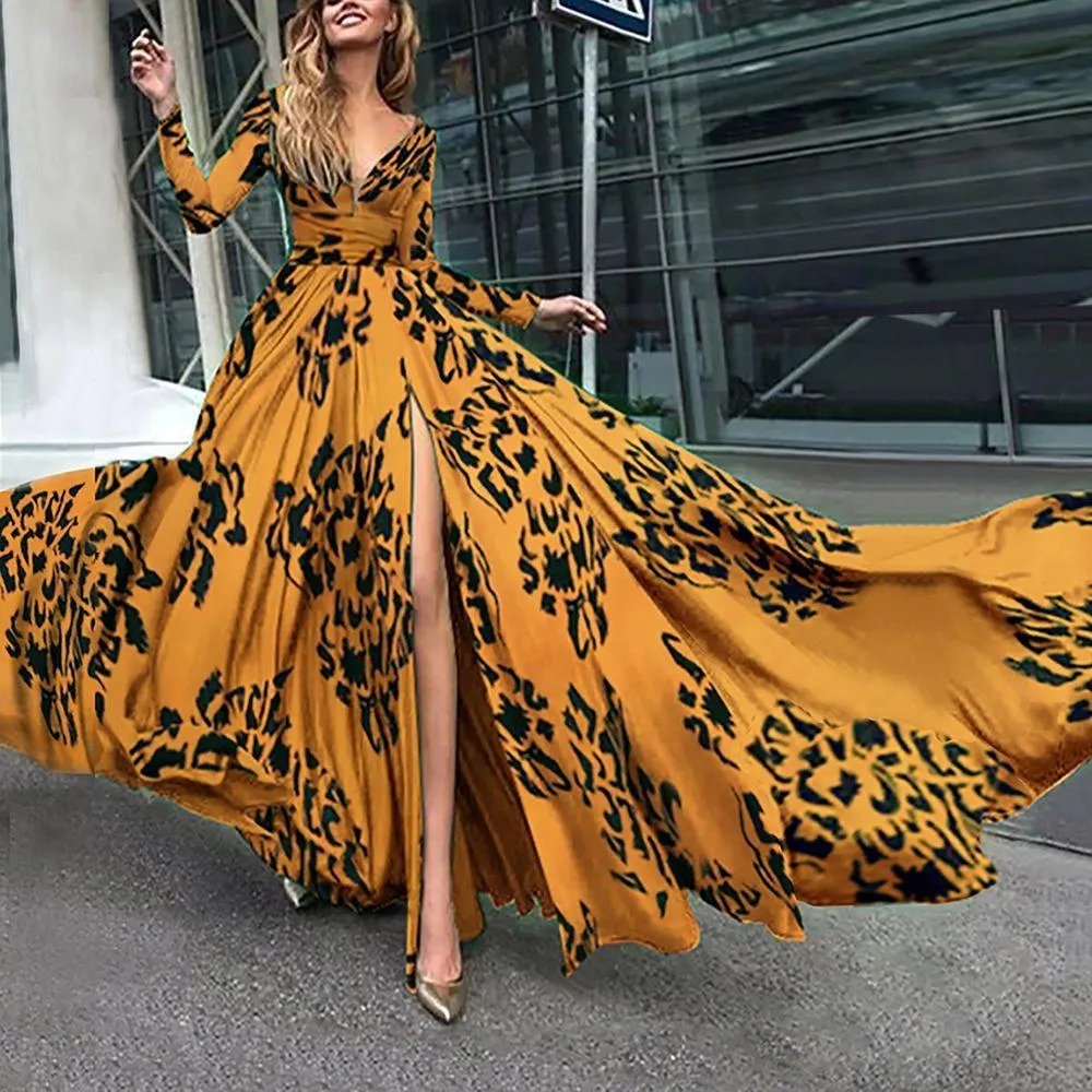 Sexy Deep V-neck Long Sleeve Maxi Dress Evening Gown